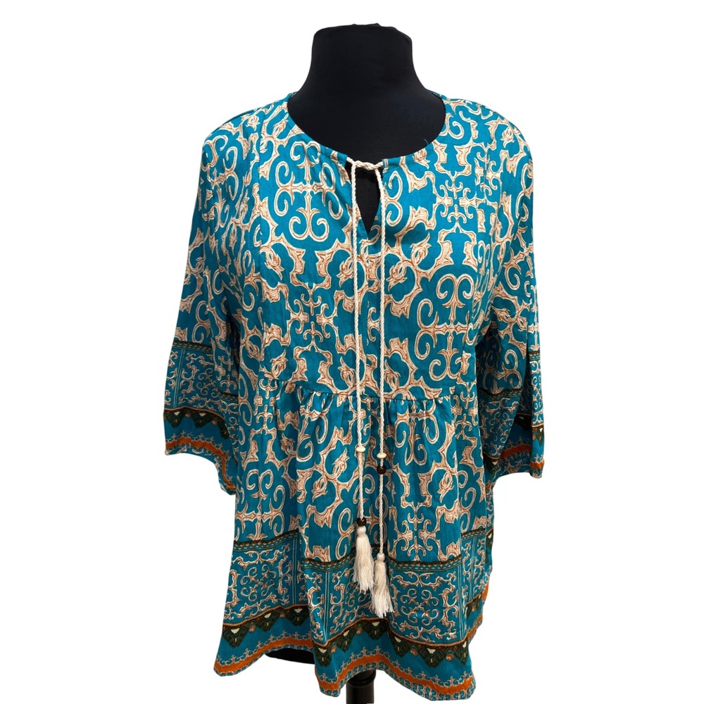Vivilli Women XL Teal Boho Damask Print Tassel Tie Babydoll Tunic Top 3/4 Sleeve